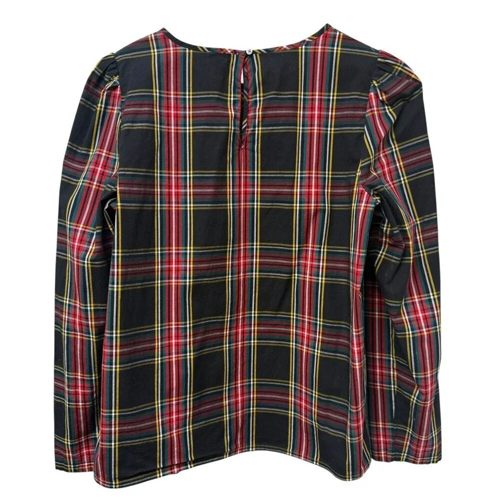 J CREW Plaid Blouse Small Black Red Puff Sleeve Preppy Womens Top Organic Cotton
